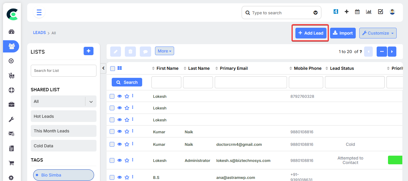 Click the 'Add New Lead' Button