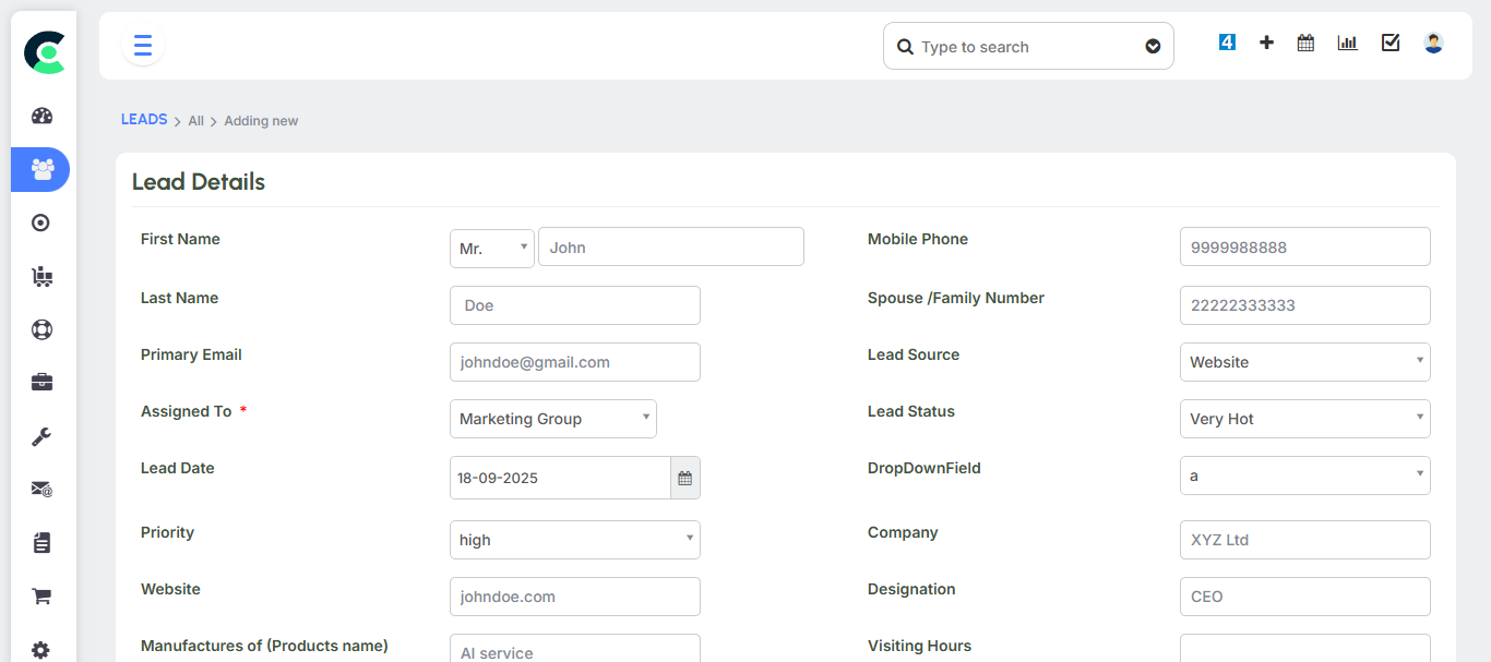 Fill in the Lead Information